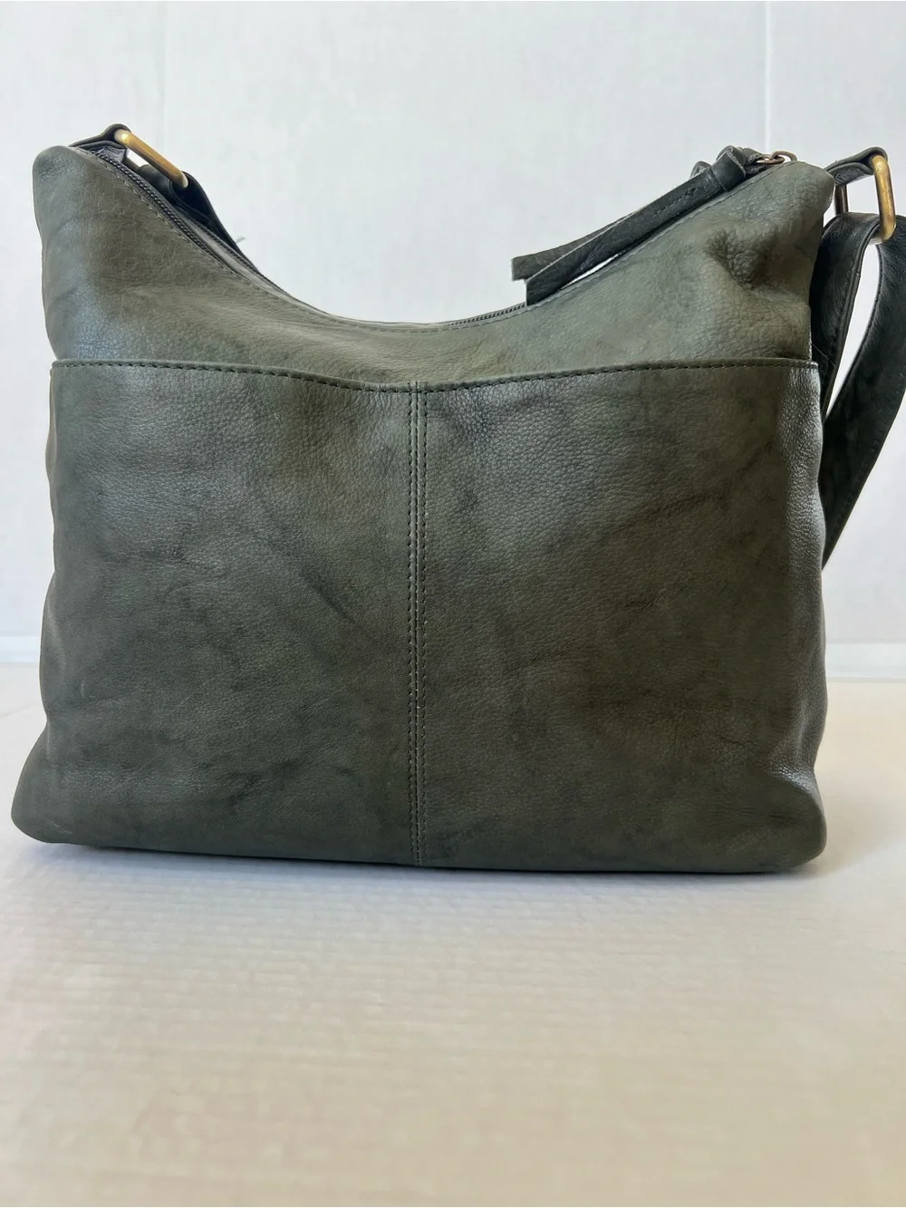 Great American LeatherWorks Slate Green Washed Leather Multi-Pocket Hobo Bag